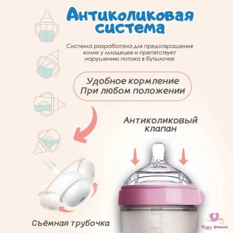 Бутылочка для кормления,150мл., с ручками, силиконовая колба, цвет розовый